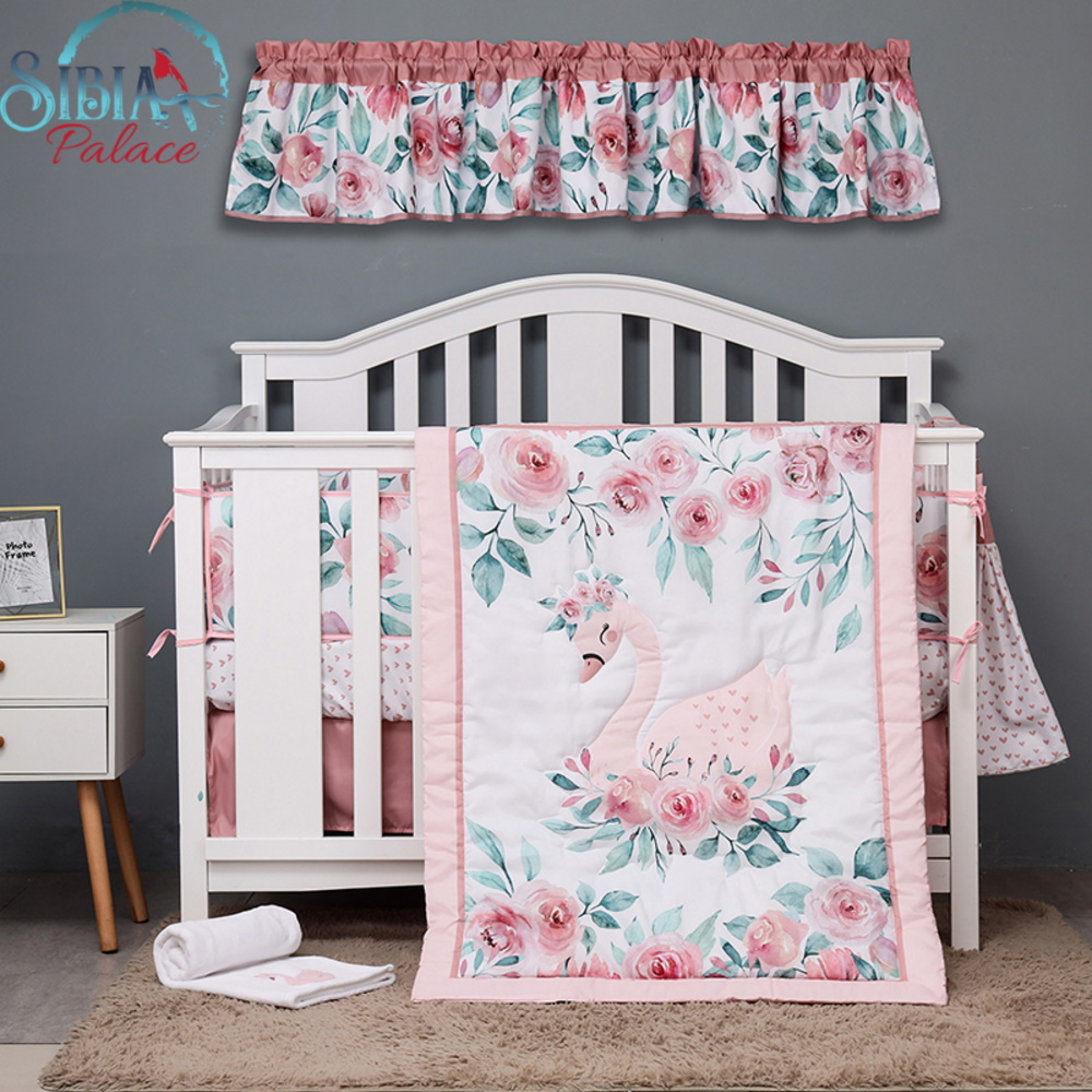 Sibia Palace Pink Swan Princess 7 Piece Baby Girl Cot Crib Bedding Set