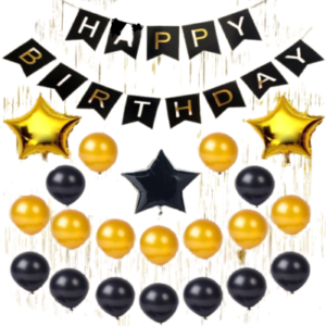 Sibia Palace Black Gold Birthday Party Supplies Pom Pom Banner Set