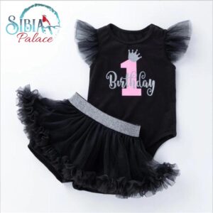 Baby Girl 1st Birthday Romper Tutu Short Pink & Black Outfit Set