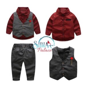 Sibia Palace Maroon & Grey 3 Piece Suit Boy Birthday Wedding Set