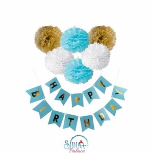 Sibia Palace Blue Birthday Party Decoration Pom Pom Pennant 7 Pcs Kit