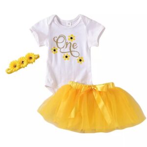 Baby Girl 1st Birthday One Yellow Flower Cake Smash Photoshoot Outfit