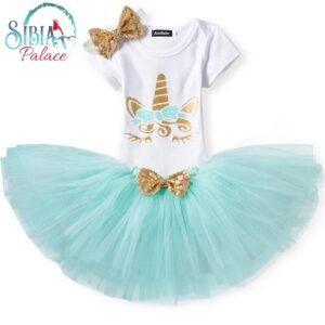 Baby Girl 2nd Birthday Teal Unicorn Theme Romper Tutu Outfit Dress