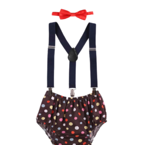 Baby Boy Brown Polka Dot Cake smash Bloomer Bow Tie Suspender Set