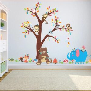 Baby Nursery Kids Room Elephant Bear & Tree Decal Mural Wall Sticker