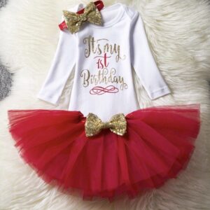 Sibia Palace Its My 1st Birthday Red Full Sleeves 3Pcs Tutu Romper Set Photo Shoot Cake Smash