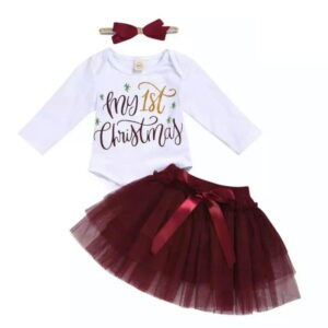 Sibia Palace Baby Girl My 1st Christmas Tutu Romper 3 Piece Outfit Set