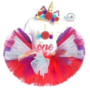 Sibia Palace Red Unicorn Theme Baby Girl 1st Birthday Outfit Set